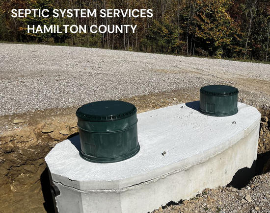 Septic System Services Hamilton County text overlaid on photo of concrete septic tank risers with green plastic lids at a gravel construction site